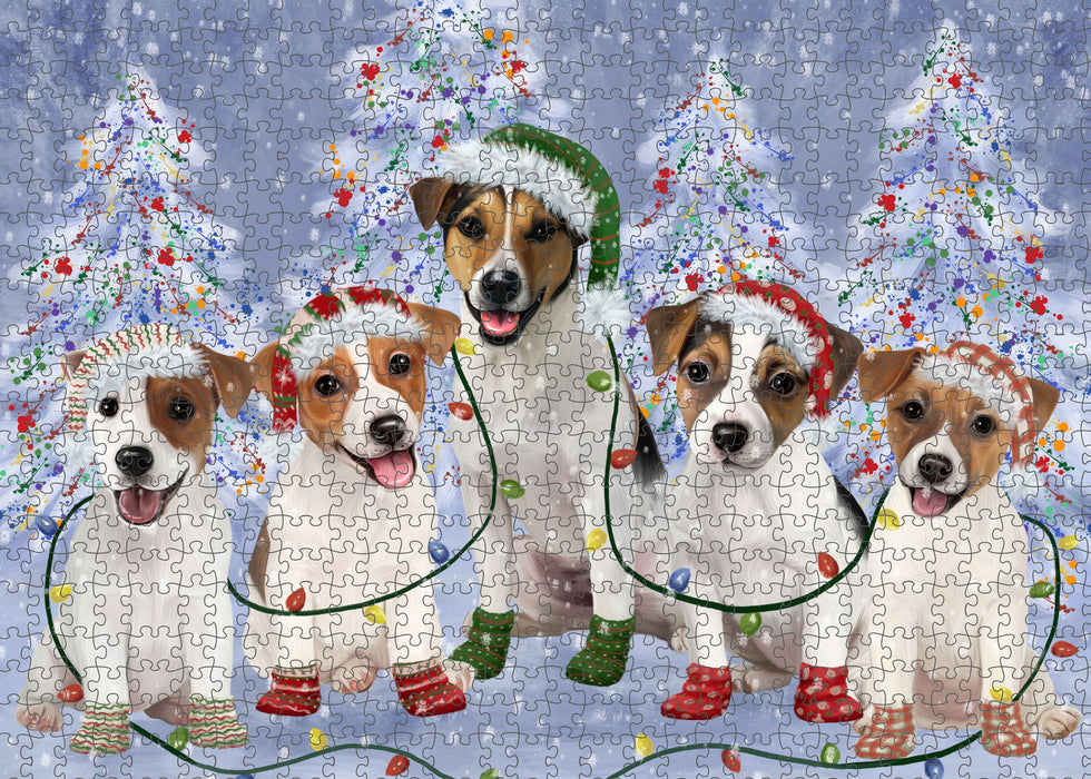 Christmas Lights and Jack Russell Dogs Portrait Jigsaw Puzzle for Adults Animal Interlocking Puzzle Game Unique Gift for Dog Lover's with Metal Tin Box