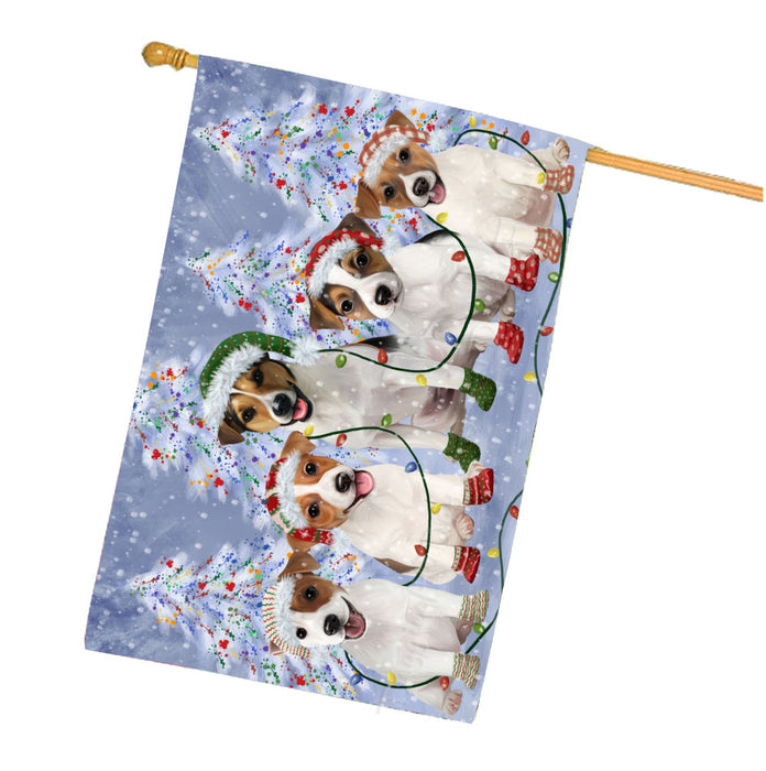 Christmas Lights and Jack Russell Dogs House Flag Outdoor Decorative Double Sided Pet Portrait Weather Resistant Premium Quality Animal Printed Home Decorative Flags 100% Polyester