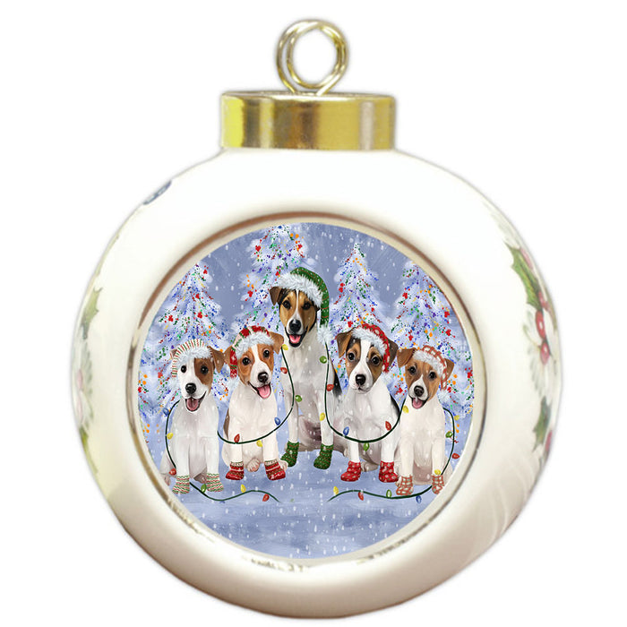 Christmas Lights and Jack Russell Dogs Round Ball Christmas Ornament Pet Decorative Hanging Ornaments for Christmas X-mas Tree Decorations - 3" Round Ceramic Ornament
