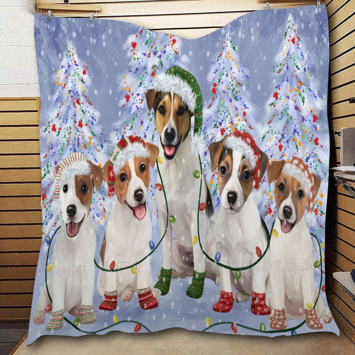 Christmas Lights and Jack Russell Dogs  Quilt Bed Coverlet Bedspread - Pets Comforter Unique One-side Animal Printing - Soft Lightweight Durable Washable Polyester Quilt