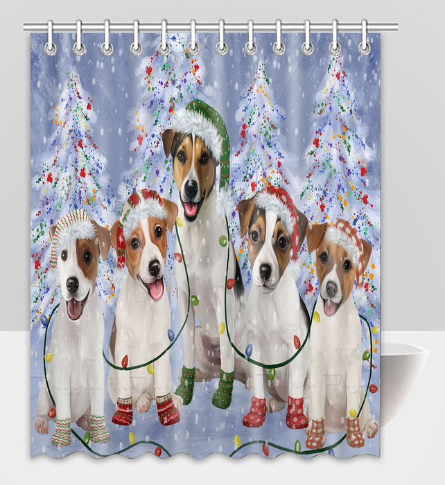 Christmas Lights and Jack Russell Dogs Shower Curtain Pet Painting Bathtub Curtain Waterproof Polyester One-Side Printing Decor Bath Tub Curtain for Bathroom with Hooks