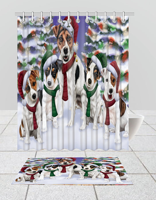 Jack Russell Dogs Christmas Family Portrait in Holiday Scenic Background  Bath Mat and Shower Curtain Combo