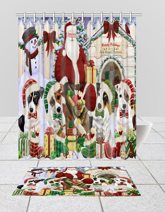 Happy Holidays Christmas Jack Russell Dogs House Gathering Bath Mat and Shower Curtain Combo