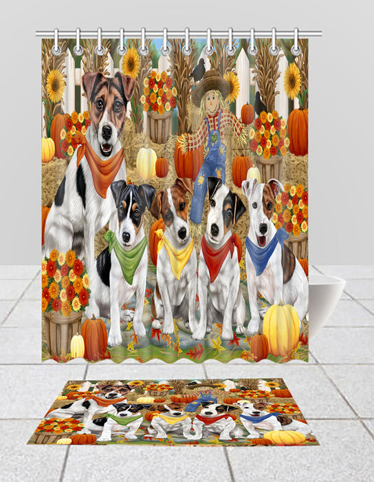 Fall Festive Harvest Time Gathering Jack Russell Dogs Bath Mat and Shower Curtain Combo