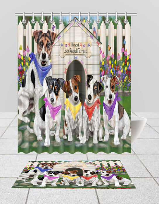 Spring Dog House Jack Russell Dogs Bath Mat and Shower Curtain Combo