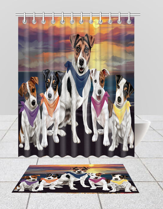 Family Sunset Portrait Jack Russell Dogs Bath Mat and Shower Curtain Combo