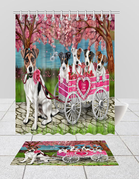 I Love Jack Russell Dogs in a Cart Bath Mat and Shower Curtain Combo