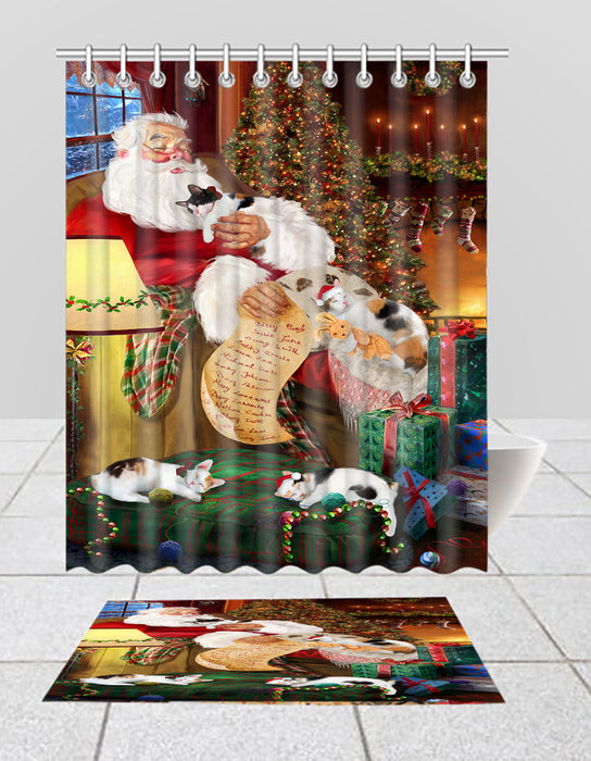 Santa Sleeping with Japanese Bobtail Cats  Bath Mat and Shower Curtain Combo