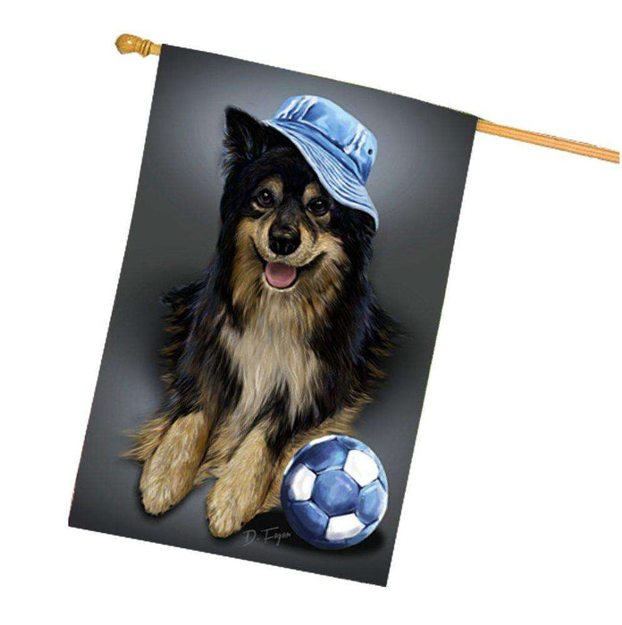 Jesi Black Tri Dog Wearing Hat with Ball House Flag