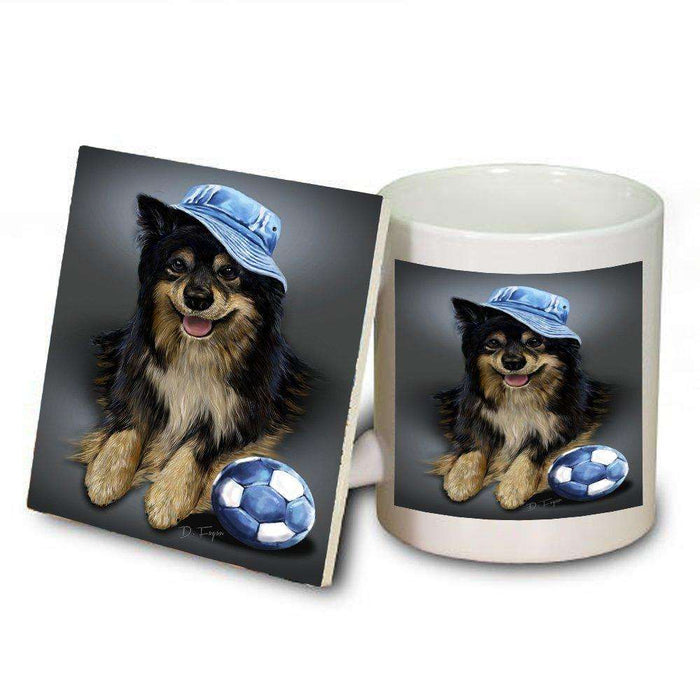 Jesi Black Tri Dog Wearing Hat with Ball Mug and Coaster Set