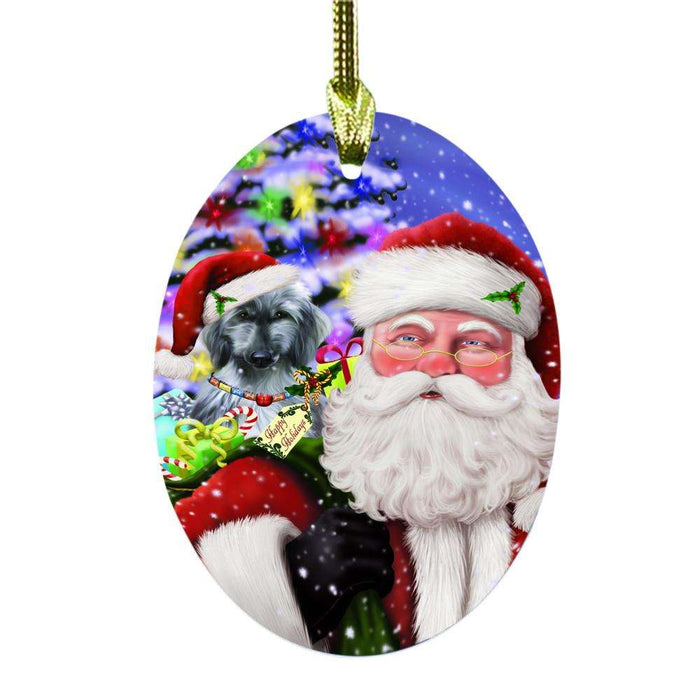 Jolly Old Saint Nick Santa Holding Afghan Hound Dog and Happy Holiday Gifts Oval Glass Christmas Ornament OGOR48790