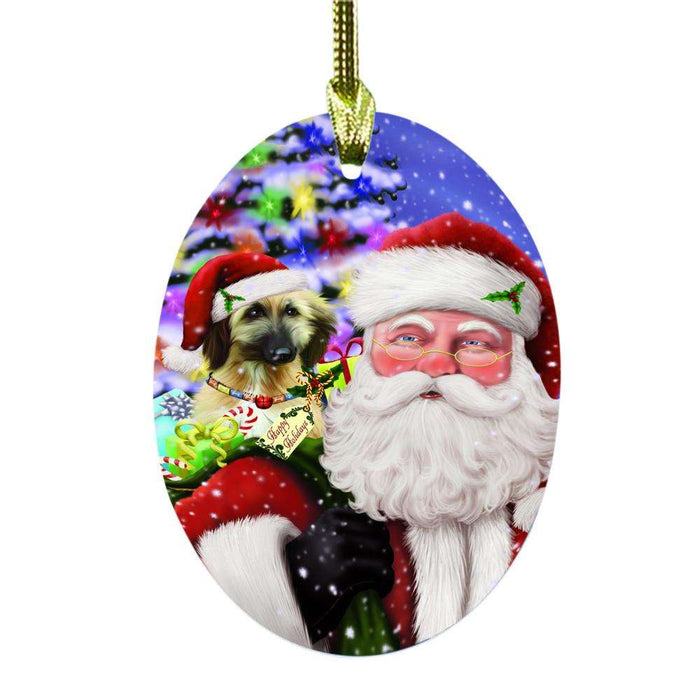 Jolly Old Saint Nick Santa Holding Afghan Hound Dog and Happy Holiday Gifts Oval Glass Christmas Ornament OGOR48791