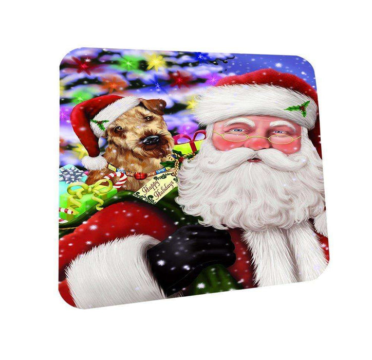 Jolly Old Saint Nick Santa Holding Airedales Dog and Happy Holiday Gifts Coasters Set of 4