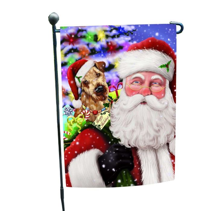 Jolly Old Saint Nick Santa Holding Airedales Dog and Happy Holiday Gifts Garden Flag