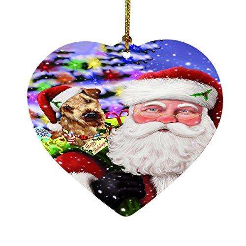 Jolly Old Saint Nick Santa Holding Airedales Dog and Happy Holiday Gifts Heart Christmas Ornament D167