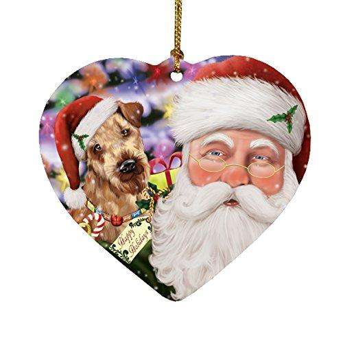 Jolly Old Saint Nick Santa Holding Airedales Dog and Happy Holiday Gifts Heart Christmas Ornament