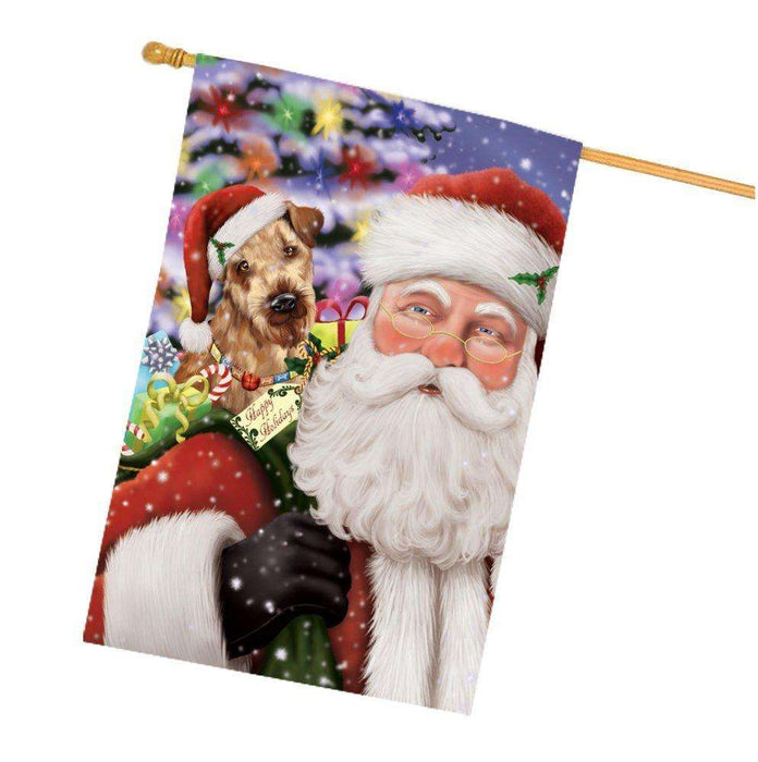 Jolly Old Saint Nick Santa Holding Airedales Dog and Happy Holiday Gifts House Flag