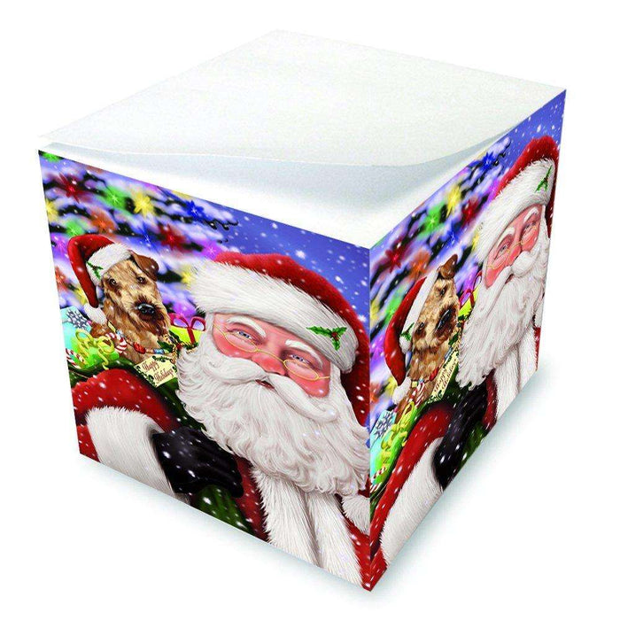 Jolly Old Saint Nick Santa Holding Airedales Dog and Happy Holiday Gifts Note Cube D197