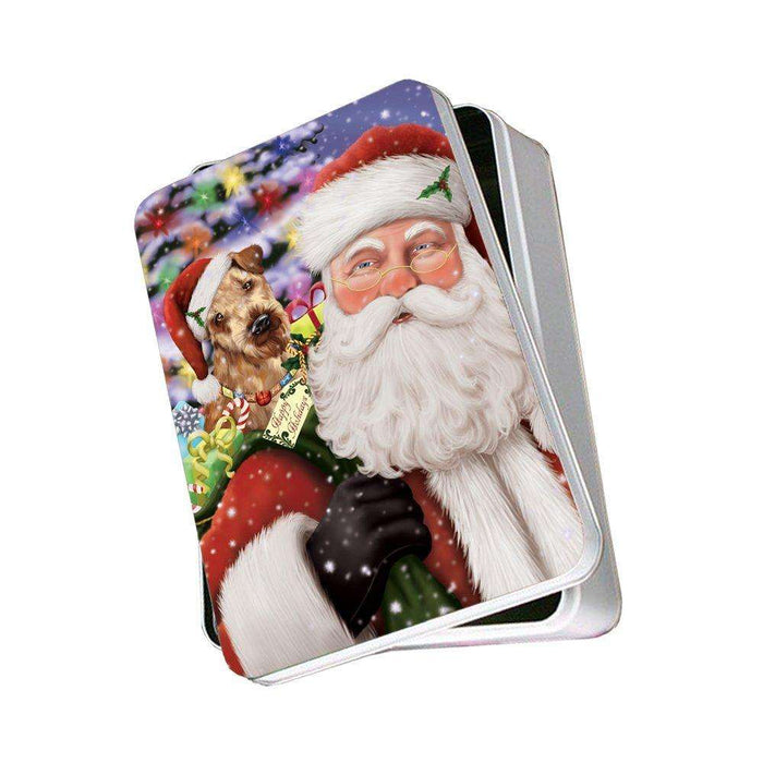 Jolly Old Saint Nick Santa Holding Airedales Dog and Happy Holiday Gifts Photo Storage Tin