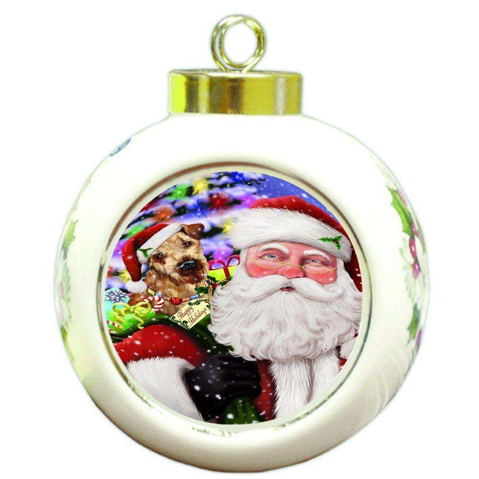 Jolly Old Saint Nick Santa Holding Airedales Dog and Happy Holiday Gifts Round Ball Christmas Ornament D167