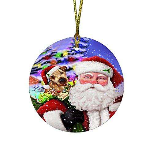 Jolly Old Saint Nick Santa Holding Airedales Dog and Happy Holiday Gifts Round Christmas Ornament D167