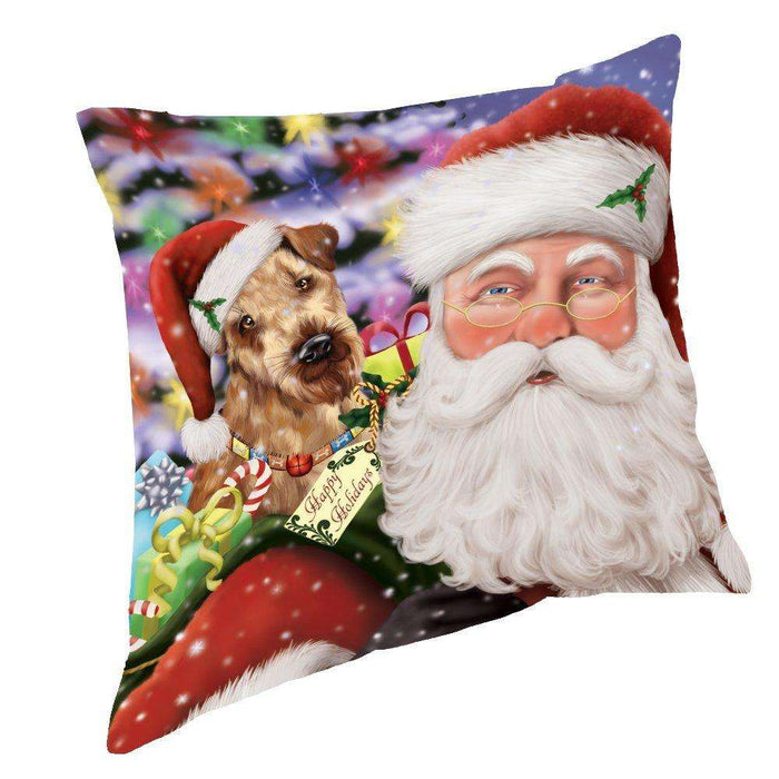 Jolly Old Saint Nick Santa Holding Airedales Dog and Happy Holiday Gifts Throw Pillow