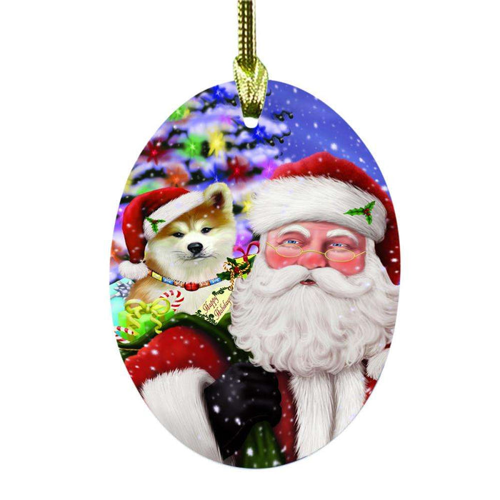 Jolly Old Saint Nick Santa Holding Akita Dog and Happy Holiday Gifts Oval Glass Christmas Ornament OGOR48793