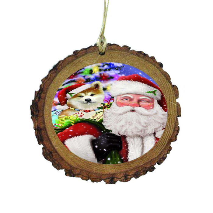 Jolly Old Saint Nick Santa Holding Akita Dog and Happy Holiday Gifts Wooden Christmas Ornament WOR48793