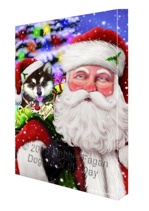 Jolly Old Saint Nick Santa Holding Alaskan Malamute Dog and Happy Holiday Gifts Canvas Wall Art
