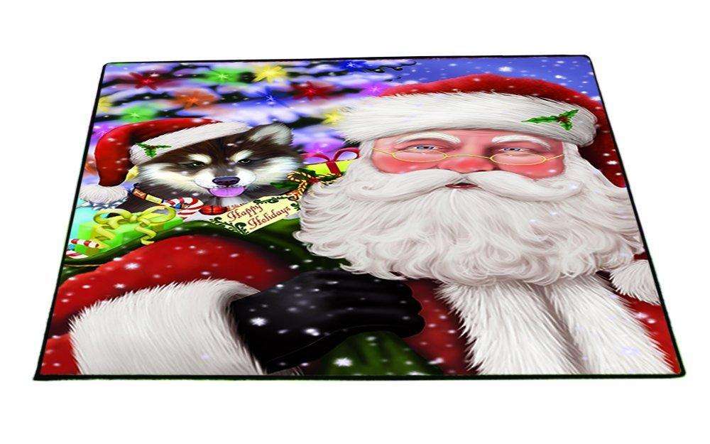 Jolly Old Saint Nick Santa Holding Alaskan Malamute Dog and Happy Holiday Gifts Indoor/Outdoor Floormat