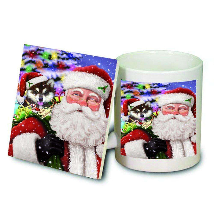 Jolly Old Saint Nick Santa Holding Alaskan Malamute Dog and Happy Holiday Gifts Mug and Coaster Set
