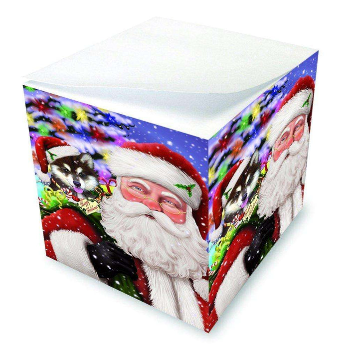 Jolly Old Saint Nick Santa Holding Alaskan Malamute Dog and Happy Holiday Gifts Note Cube D228