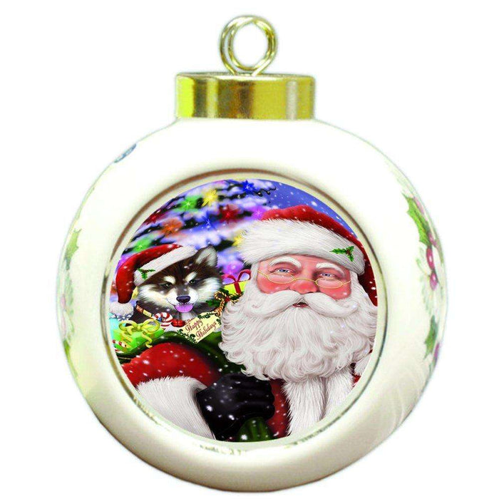 Jolly Old Saint Nick Santa Holding Alaskan Malamute Dog and Happy Holiday Gifts Round Ball Christmas Ornament D198