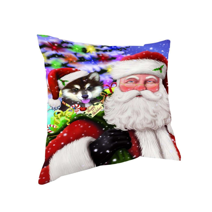 Jolly Old Saint Nick Santa Holding Alaskan Malamute Dog and Happy Holiday Gifts Throw Pillow