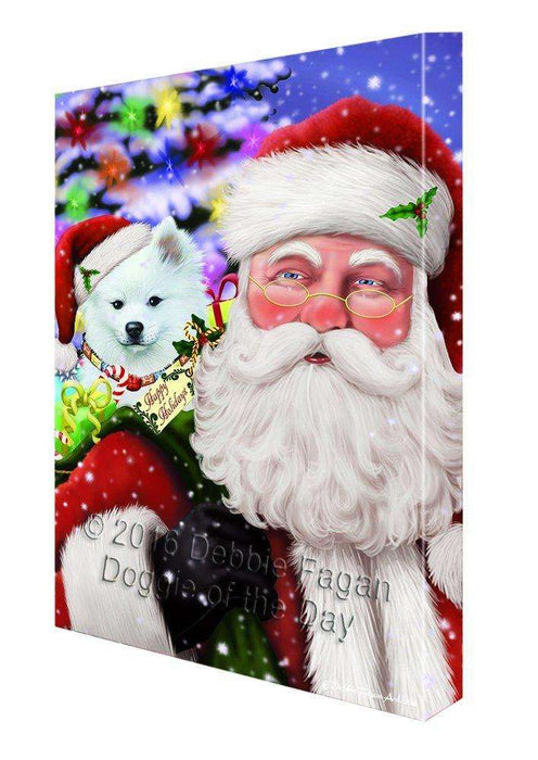 Jolly Old Saint Nick Santa Holding American Eskimo Dog and Happy Holiday Gifts Canvas Wall Art