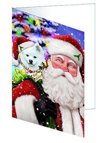 Jolly Old Saint Nick Santa Holding American Eskimo Dog and Happy Holiday Gifts Handmade Artwork Assorted Pets Greeting Cards and Note Cards with Envelopes for All Occasions and Holiday Seasons