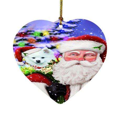 Jolly Old Saint Nick Santa Holding American Eskimo Dog and Happy Holiday Gifts Heart Christmas Ornament D199