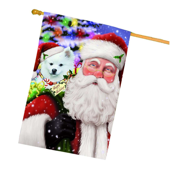 Jolly Old Saint Nick Santa Holding American Eskimo Dog and Happy Holiday Gifts House Flag