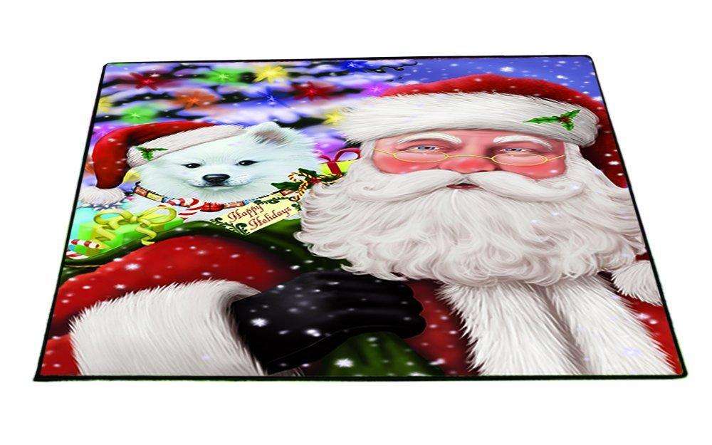 Jolly Old Saint Nick Santa Holding American Eskimo Dog and Happy Holiday Gifts Indoor/Outdoor Floormat