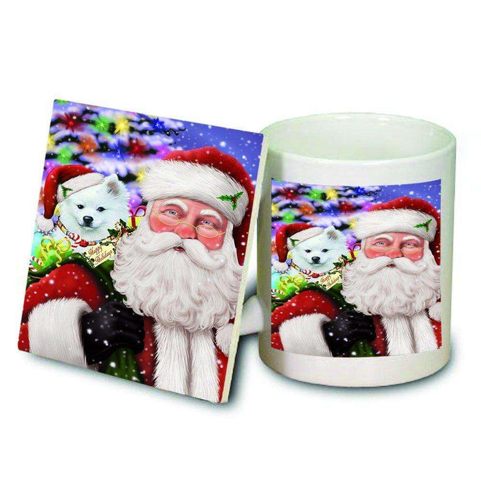 Jolly Old Saint Nick Santa Holding American Eskimo Dog and Happy Holiday Gifts Mug and Coaster Set