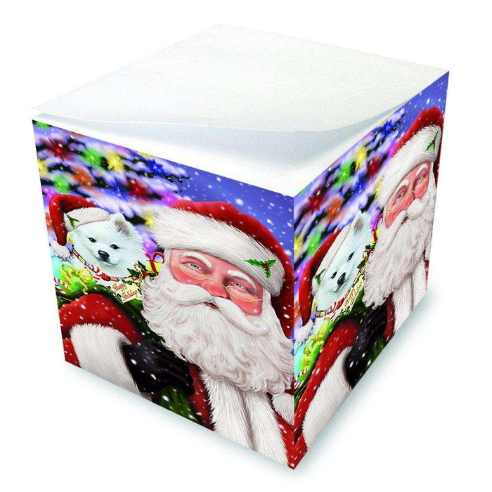 Jolly Old Saint Nick Santa Holding American Eskimo Dog and Happy Holiday Gifts Note Cube D229