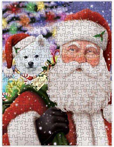 Jolly Old Saint Nick Santa Holding American Eskimo Dog and Happy Holiday Gifts Puzzle with Photo Tin D332