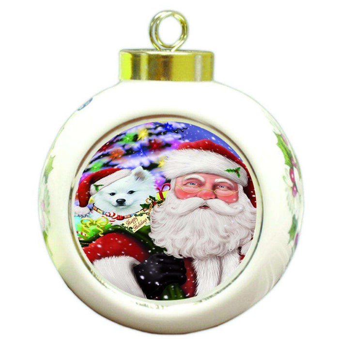 Jolly Old Saint Nick Santa Holding American Eskimo Dog and Happy Holiday Gifts Round Ball Christmas Ornament D199