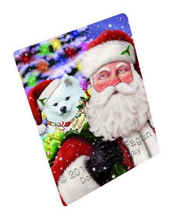 Jolly Old Saint Nick Santa Holding American Eskimo Dog and Happy Holiday Gifts Tempered Cutting Board