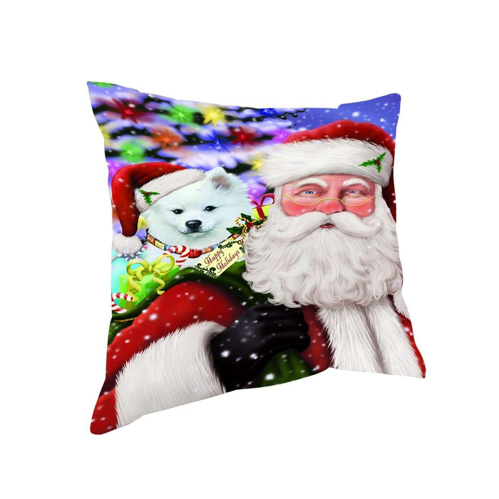 Jolly Old Saint Nick Santa Holding American Eskimo Dog and Happy Holiday Gifts Throw Pillow