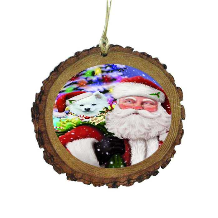 Jolly Old Saint Nick Santa Holding American Eskimo Dog and Happy Holiday Gifts Wooden Christmas Ornament WOR48795