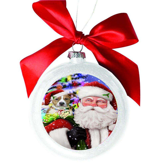 Jolly Old Saint Nick Santa Holding American Staffordshire Dog and Happy Holiday Gifts White Round Ball Christmas Ornament WBSOR48796