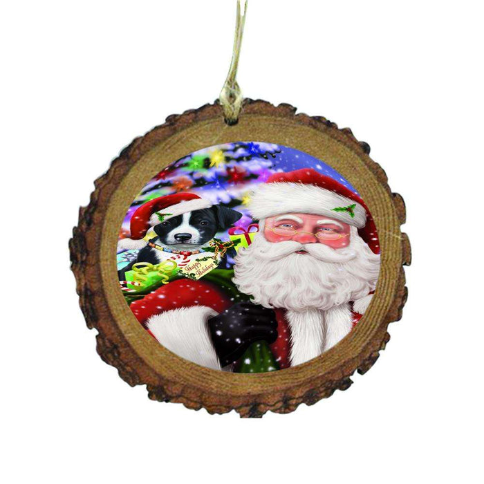 Jolly Old Saint Nick Santa Holding American Staffordshire Dog and Happy Holiday Gifts Wooden Christmas Ornament WOR48797