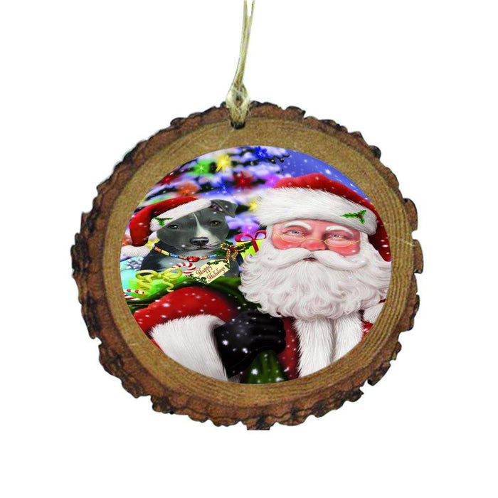 Jolly Old Saint Nick Santa Holding American Staffordshire Dog and Happy Holiday Gifts Wooden Christmas Ornament WOR48799