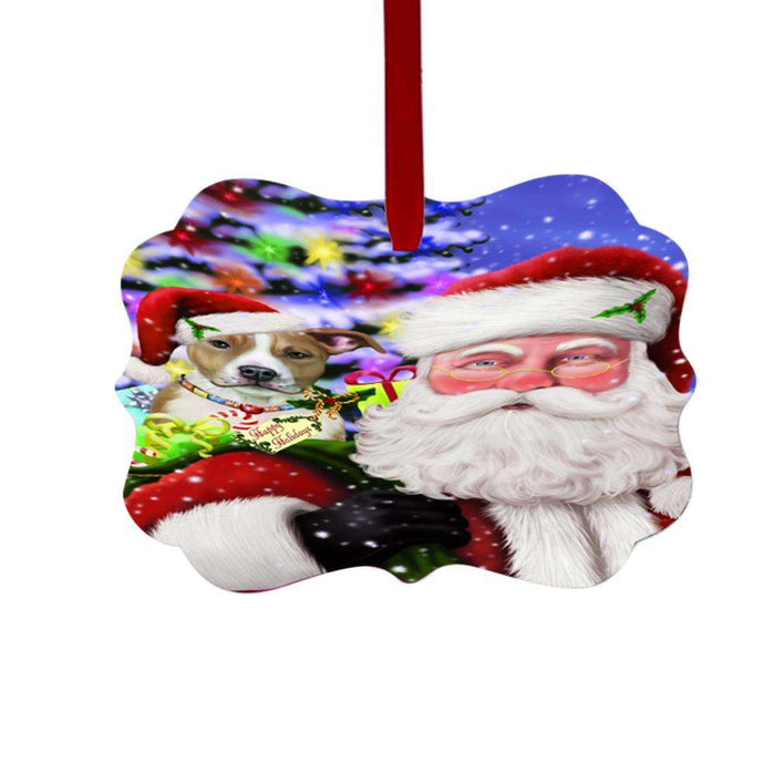 Jolly Old Saint Nick Santa Holding American Staffordshire Dog and Holiday Gifts Double-Sided Photo Benelux Christmas Ornament LOR48796